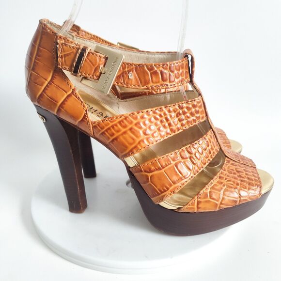 Michael Kors High Heels Size 6 T-Strap Sandals Camden Croc Embossed Camel Tan - Picture 1 of 11